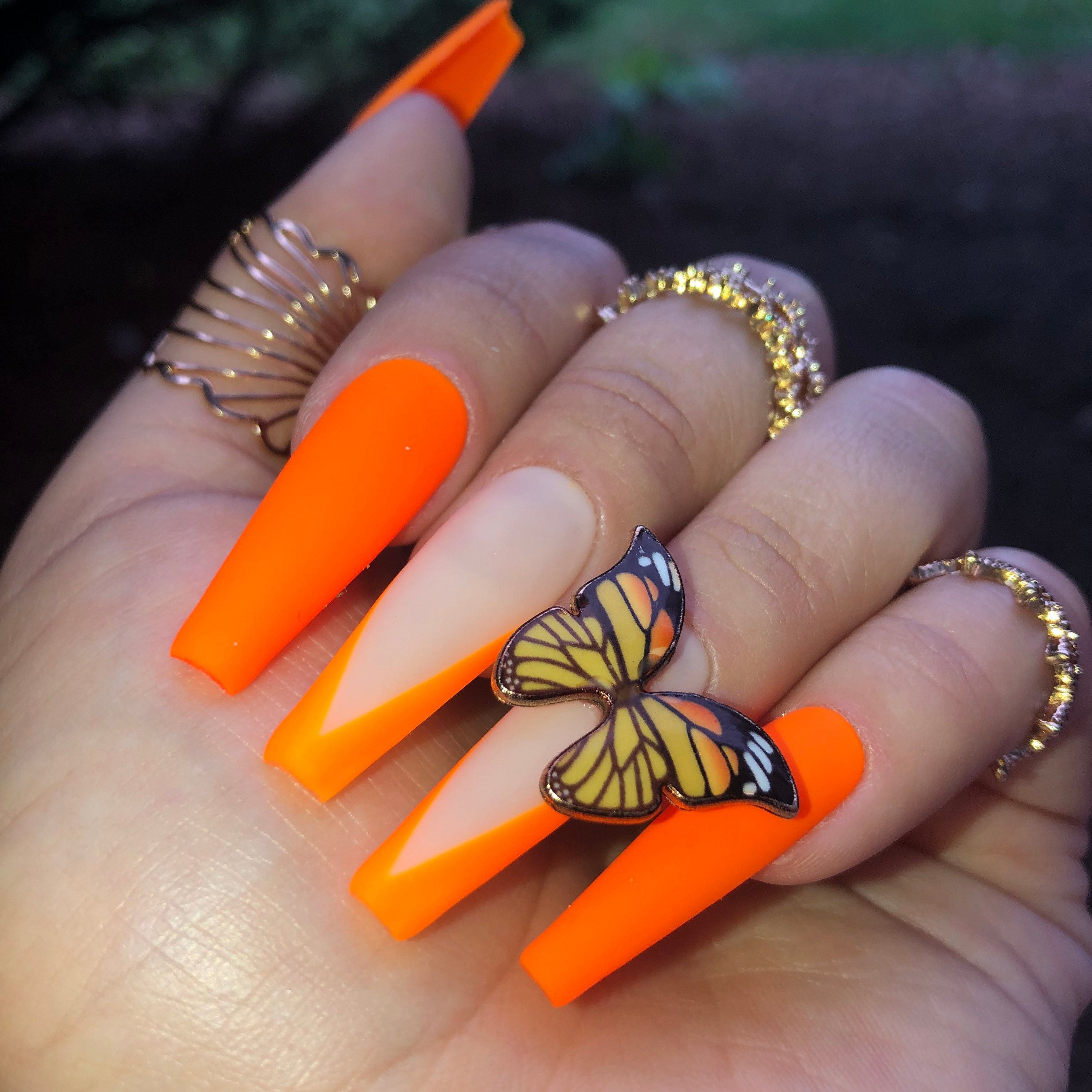 Orange nails butterfly nails matte nails 3D nails cute | Etsy