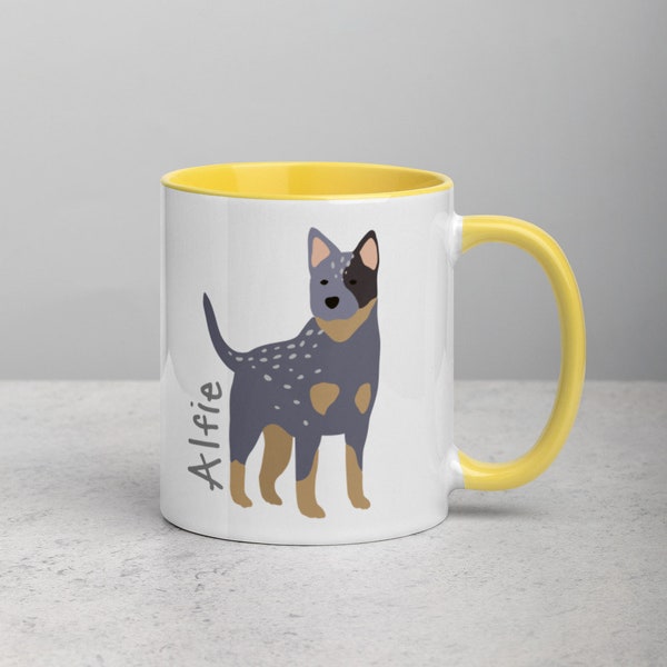 Custom Yellow Australian Cattle Dog Ceramic Mug - Personalized Name Heeler Gift Idea for Blue Heeler Lovers and Cattle Dog Moms!