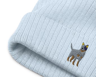 Stay Warm in Style with Our Acid Green Australian Cattle Dog Embroidered Ribbed Knit Beanie - Perfect Gift for Blue Heeler Lovers!