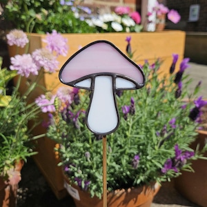 Streaky Pink Mushroom Stained Glass Plant Stake | Handmade | Window Decor | Cottagecore | Garden Lover Gift