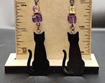 Handmade Cute Black Cat Acrylic Ancient Bronze and Glass Dangle Earrings