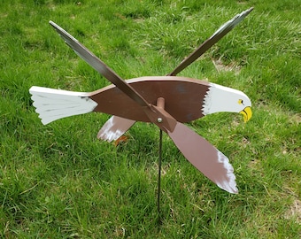 Large 21" Hand Made American Bald Eagle Bird Whirligig 'Folk Art' Lawn / Deck Ornament with 2' Display rod!
