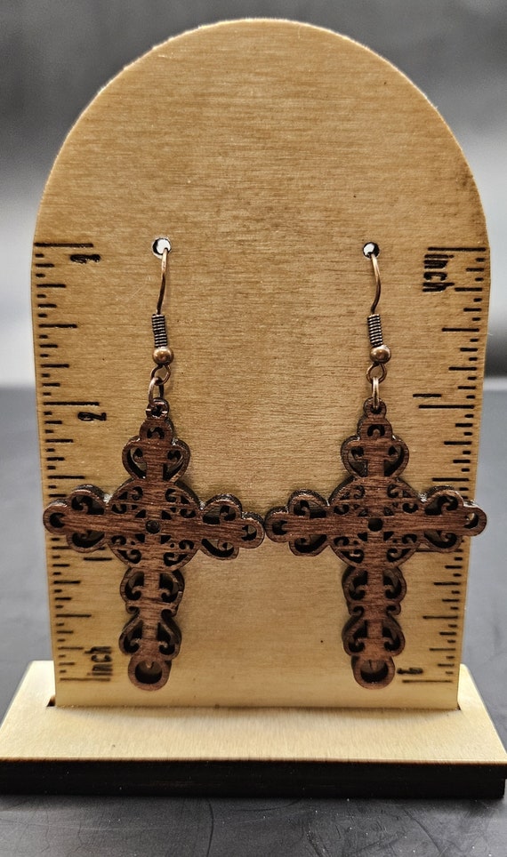 Handmade Filigree Wood Cross Dangle Earrings