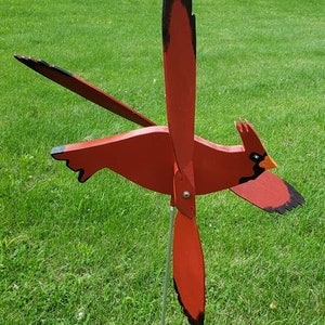 Large 20" Hand Made Cardinal Bird Whirligig 'Folk Art' Lawn / Deck Ornament with 2' Display Rod Included!