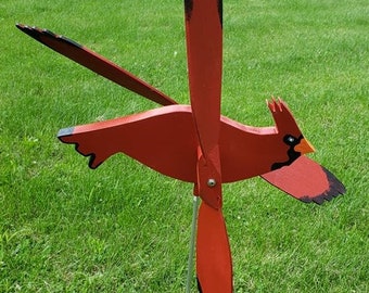 Large 20" Hand Made Cardinal Bird Whirligig 'Folk Art' Lawn / Deck Ornament with 2' Display Rod Included!