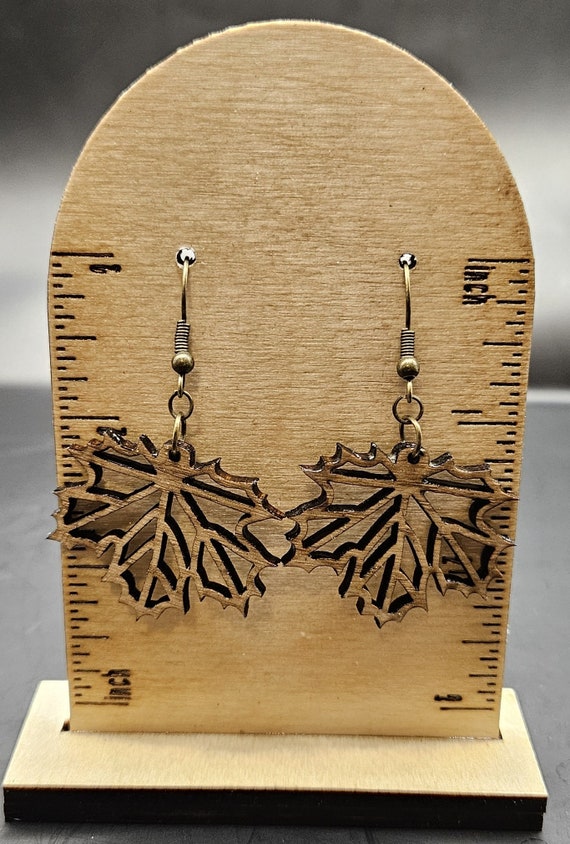 Handmade White Ash Wood Maple Leaf Dangle Earrings