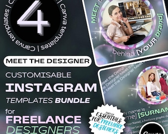 Maak kennis met de ontwerper | Aanpasbare Instagram-sjablonen voor freelancers | Bewerkbare canva-ontwerpbundel Bubbels en plezier voor creatievelingen, sociale media