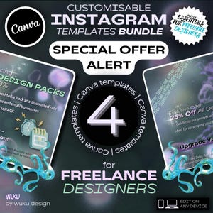 May include: A Canva template bundle for freelance designers with a special offer alert. The image features a purple, pink, and blue design with a large number 4 in the center. The text "Special Offer Alert" is at the top of the image, and the text "for Freelance Designers" is below the number 4. The text "Exclusive Offer 25% Off All Designs" is in the lower right corner of the image.