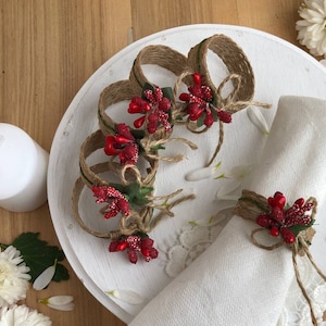 Set of 6 Red Rustic Jute Napkin Rings with Floral Decorations - Perfect for Farmhouse Decor and Table Settings - Housewarming Gift