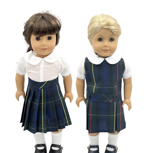 Plaid 55/18 inch American Doll Uniform Outfit/Two Styles Set/School Jumper include Blouse and Hair Accessory/Shoe Add on Option