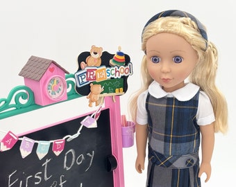 Plaid 57/14.5 inch Doll Uniform Outfit/Dropped Waist Jumper/Matching Plaid Buttons/include Blouse and headband/Add on Options:Shoe and Sock