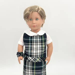 Plaid 35/18 inch Doll Uniform Outfit/Dropped Waist Jumper Set/School Jumper include Blouse and Hair Accessory/Shoe and Sock Add on Option