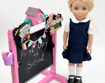14.5 inch Doll Uniform Outfit/Solid Navy/Dropped Waist Jumper/include Blouse and headband/Add on Options: Sock and Shoe