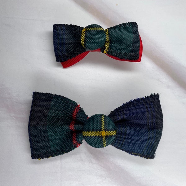 Bow Tie Hair Bow with Plaid Button on Alligator Clip/Back to School Uniform Plaid Fabric/Girl and Baby Hair Clip/Ponytail Holder/Plaid 83
