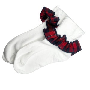 Plaid 65-Girls Plaid Trimmed Ruffled Ankle Socks--School Uniform Socks- Red,Navy,Green,Plaid