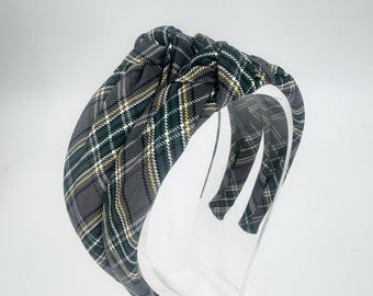 Hunter Green & Khaki Plaid Top Knot Headband - School  display picture 2