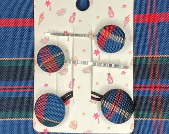 Plaid 93 Odilia/Navy,Khaki,Red Plaid/School Uniform Plaid/Button Hair Bobby Pin/Double Button Hair Tie/3PC Set/Ponytail holder