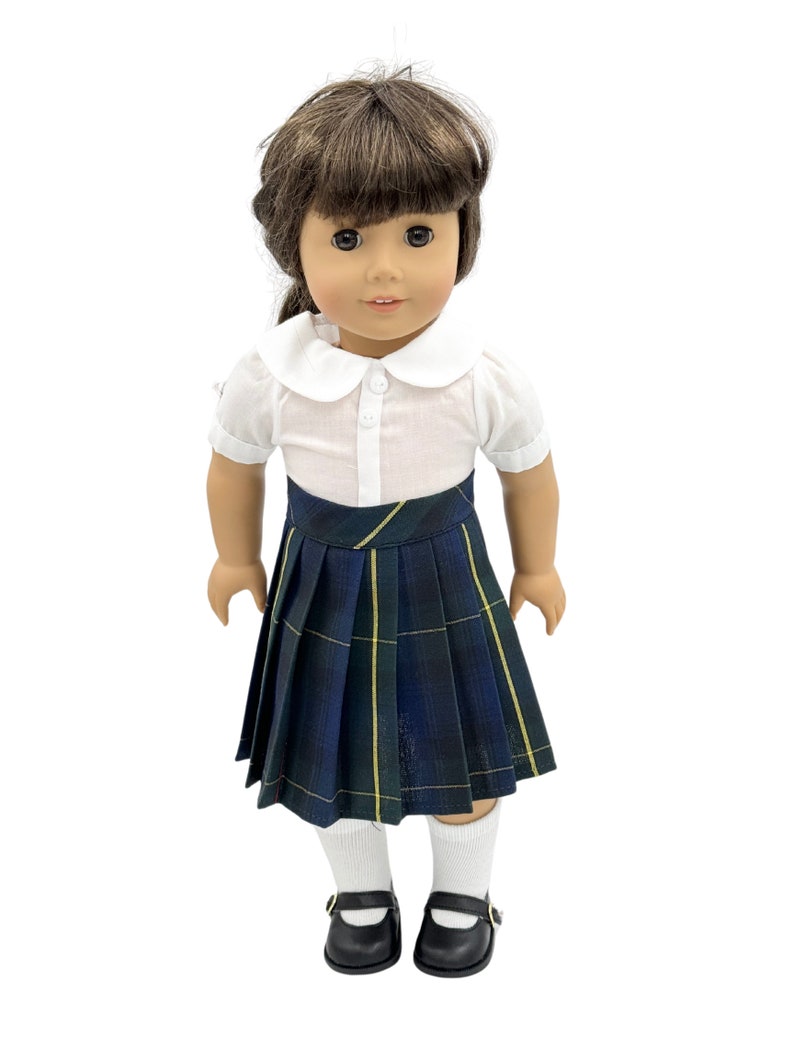 Plaid 55/18 inch American Doll Uniform Outfit/Two Styles Set/School Jumper include Blouse and Hair Accessory/Shoe Add on Option Pleated Skirt