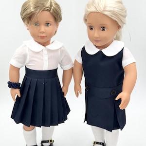 Solid Navy- 18 inch Doll Uniform Outfit/Dropped Waist or Pleated Skirt Set/Jumper include White Blouse and Hair Accessory-Add on Option