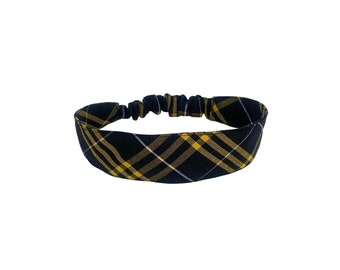 Plaid 2V - Soft Elastic Headband in School Uniform Plaid/ Back to School/Contoured Face/Black, Gold Plaid