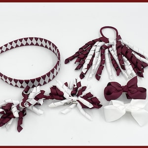 Burgundy White Ribbon Hair Bows/Back to School/Girls Hair Accessories/Korker Elastic and Clips/Small Bows/Solid or Plaid Round Button