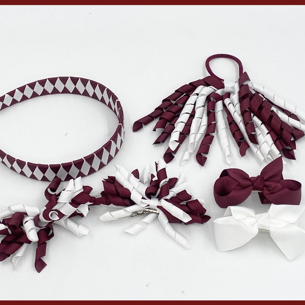 Burgundy White Ribbon Hair Bows/Back to School/Girls Hair Accessories/Korker Elastic and Clips/Small Bows/Solid or Plaid Round Button