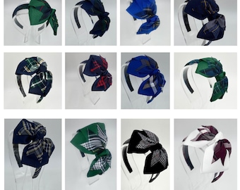 Large Ribbon and Plaid Spiked Bow/Back to School Uniform Plaid Fabric Headband/First day of School/Girl Headband/Plaid Headband