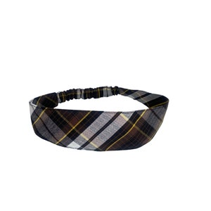Plaid 71/84 - Soft Elastic Headband in School Uniform Plaid/ Back to School/Contoured Face/Brown, Black, Gold & White Plaid