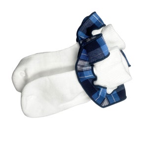 Plaid 76-Girls Plaid Trimmed Ruffled Ankle Socks--School Uniform Socks- Navy, Light Blue, White Plaid- RR76-Clear Blue Plaid