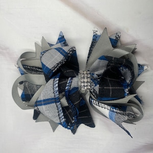 School Uniform Plaid Girl Hair Bow on Alligator Clip-Rhinestones in Center-Girls Plaid Hair Bow-Plaid 578-Grey, Navy, White Plaid