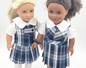 Plaid 85/18 inch  Doll Outfit/Two Styles Jumper/School Plaid Jumper include Blouse and Hair Accessory/Add on Options: Sock and Shoe