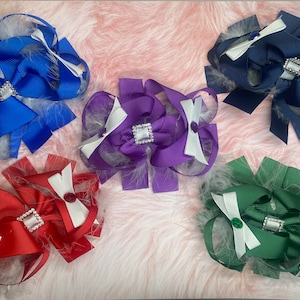 4.5 Inch Grosgrain Ribbon feather hair bow-Girls&#39; Hair Clip-Hair Accessories-Back to School- Cute Hair Bows-Square Rhinestones-Matching Gems