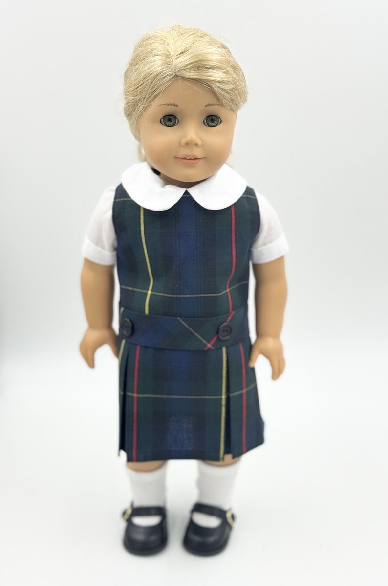 Plaid 55/18 inch American Doll Uniform Outfit/Two Styles Set/School Jumper include Blouse and Hair Accessory/Shoe Add on Option Dropped Waist