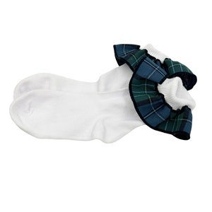 Plaid 96-Girls Plaid Trimmed Ruffled Ankle Socks--School Uniform Socks- Green, Navy Plaid