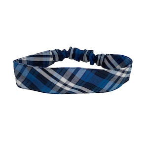 Rampart Plaid 29  - Soft Elastic Headband in School Uniform Plaid/ Back to School/Contoured Face/Blue, White Plaid