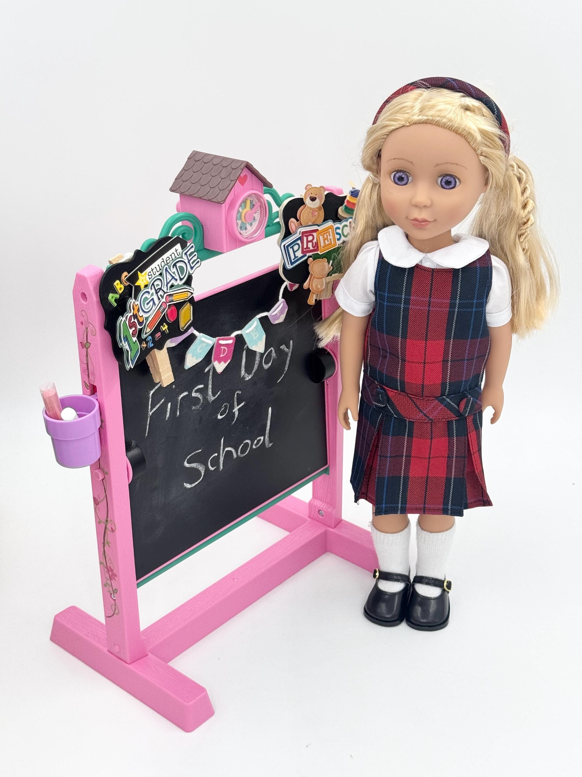 Plaid 94/14.5 inch Doll Uniform Outfit/Solid Navy/Dropped Waist Jumper/include Blouse and hair accessory/Add on Options:Shoe and Sock