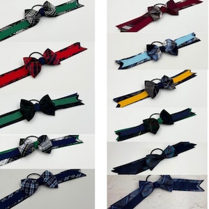 Looped Plaid bow & ribbon streamer tails/Back to School Uniform Plaid Fabric/Girl Plaid Hair Tie/Plaid Ponytail Holder/Girl Ponytail holder