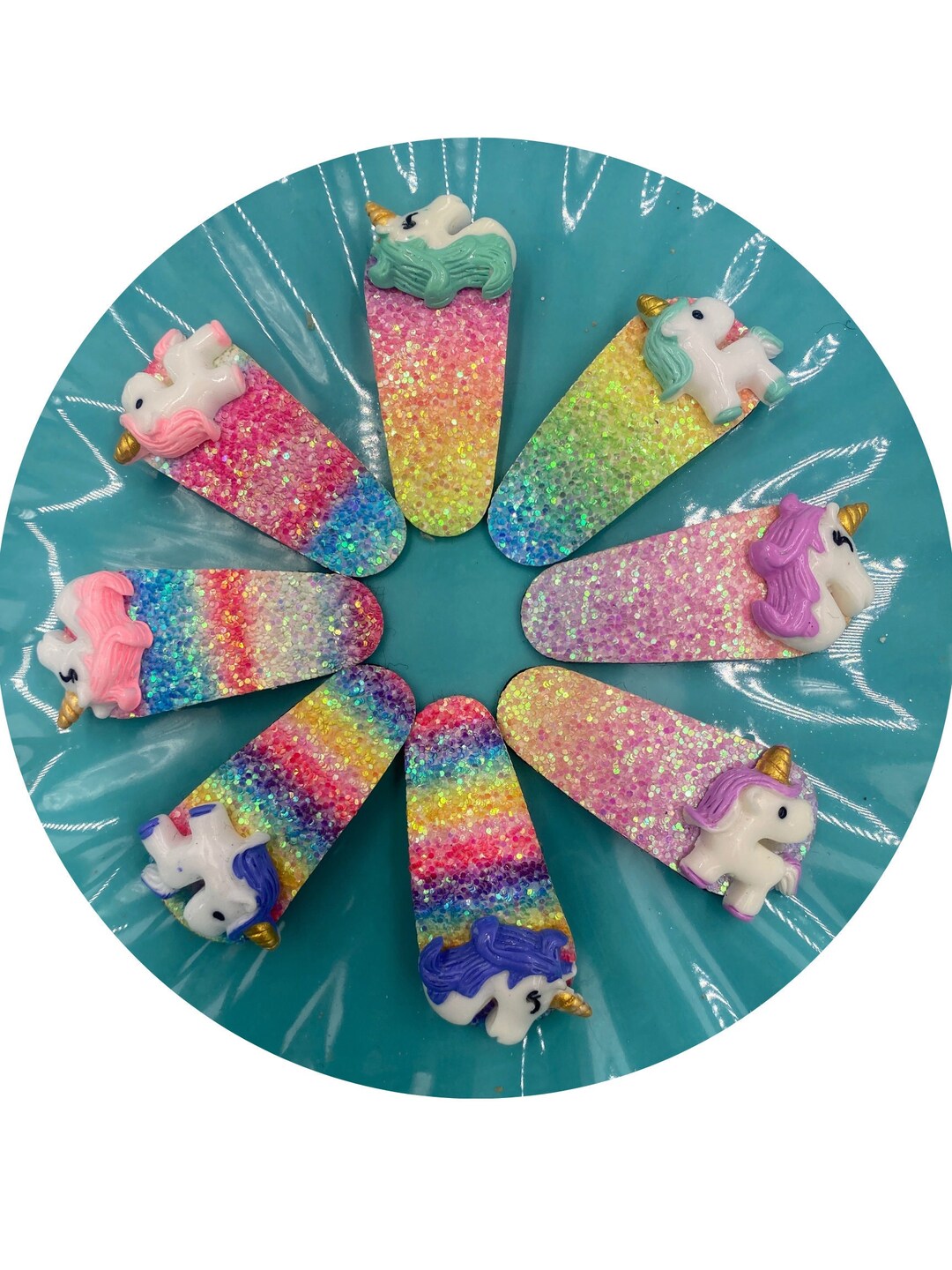 Babyhug Hair Clips with Rainbow Unicorn and Mermaid Applique Pack of 10 - Sky Blue Yellow and Pink main image 1