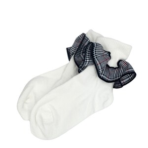 Plaid 747-Girls Plaid Trimmed Ruffled Ankle Socks--School Uniform Socks- Navy,White, Red Plaid