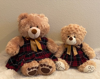 12 inch/18 inch Tan Plush Teddy Bear/ Dark Navy,Red and White Plaid Fabric School Jumper / School Uniform/Plaid #36 #37
