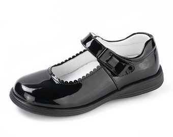 Girl's Mary Jane School Uniform Black Shiny Dress Shoe/Round Flat/Slip on/Toddler/Girls/Breathable/Light Weight