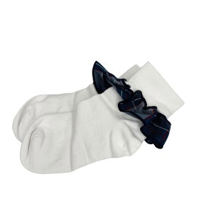 Plaid 82-Girls Plaid Trimmed Ruffled Ankle Socks--School Uniform Socks- Gray, Blue, Red, White Plaid
