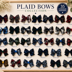 May include: A collection of 35 handmade hair bows featuring various plaid patterns in colours including red, blue, green, and black. Each bow is labelled with a specific style number, such as Plaid 36, Plaid 43, and Plaid 54, arranged on a display board.
