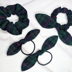 Plaid 98/Back to School/Girls Hair Accessories/Scrunchie/Scrunchie Bunny/Bunny Ear Hair Tie/Green,Navy,Red Plaid