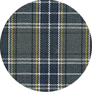 May include: A close-up of a blue, grey, and yellow plaid fabric. The fabric has a woven texture and a subtle sheen.