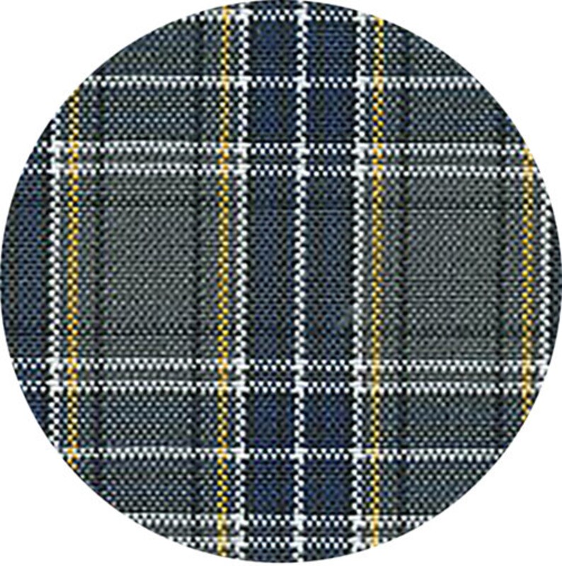 May include: A close-up of a blue, grey, and yellow plaid fabric. The fabric has a woven texture and a subtle sheen.