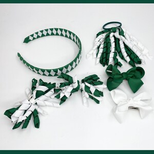 Green White Ribbon Hair Bows/Back to School/Girls Hair Accessories/Korker Elastic and Clips/Small Bows