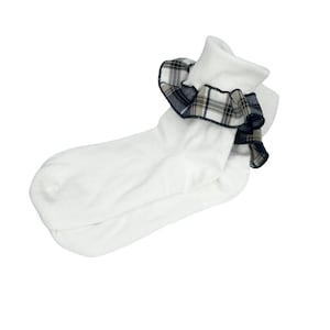Plaid KN-Girls Plaid Trimmed Ruffled Ankle Socks--School Uniform Socks- Navy,Black,Beige,White Plaid