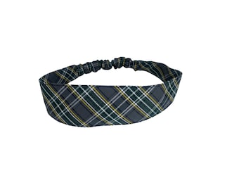 Plaid 44 - Soft Elastic Headband in School Uniform Plaid/ Back to School/Contoured Face/Gray,Hunter Green, Yellow Plaid