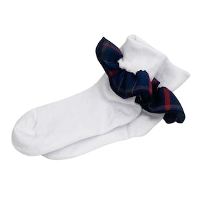Plaid 93-Girls Plaid Trimmed Ruffled Ankle Socks--School Uniform Socks- Navy,Khaki,Red